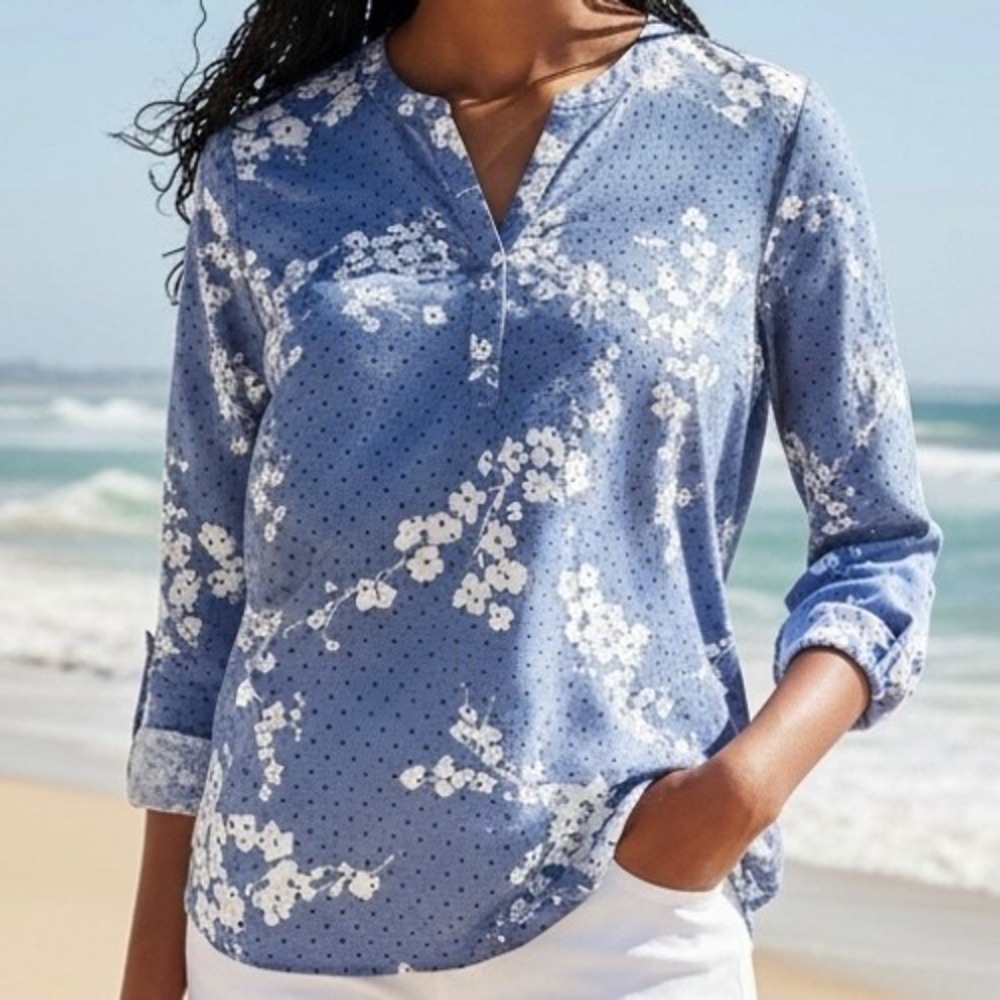 Talbots Womens Blue Floral Polka Dot Top Sz M Nautical Coastal Chambray Casual